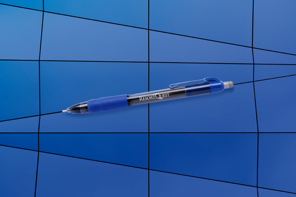 MaxGlide Corporate blue promotional pen on a blue mosaic background
